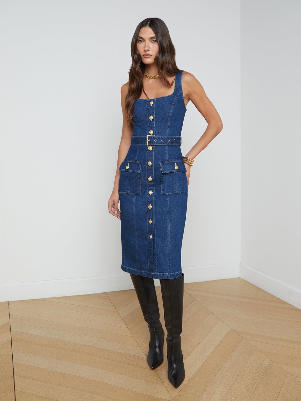 NWT L'AGENCE Idy Button-Front Denim Tank Midi Dress Size 12